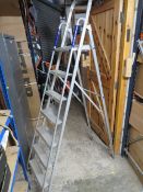 A LARGE ALUMINIUM STEP LADDER WITH HAND RAIL