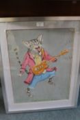 A FRAMED AND GLAZED MIXED MEDIA PAINTING OF A COMICAL CAT 