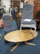 A BOXED PAIR OF KEILA GREY DINING CHAIRS AND A BOXED NATURAL OAK FAWLER COFFEE TABLE * CONTENTS