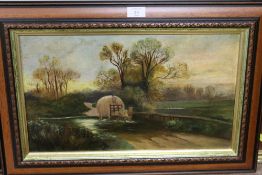 A NAIVE OIL ON CANVAS TOGETHER WITH A MOUNTAINOUS WATERCOLOUR & A PRINT (3)