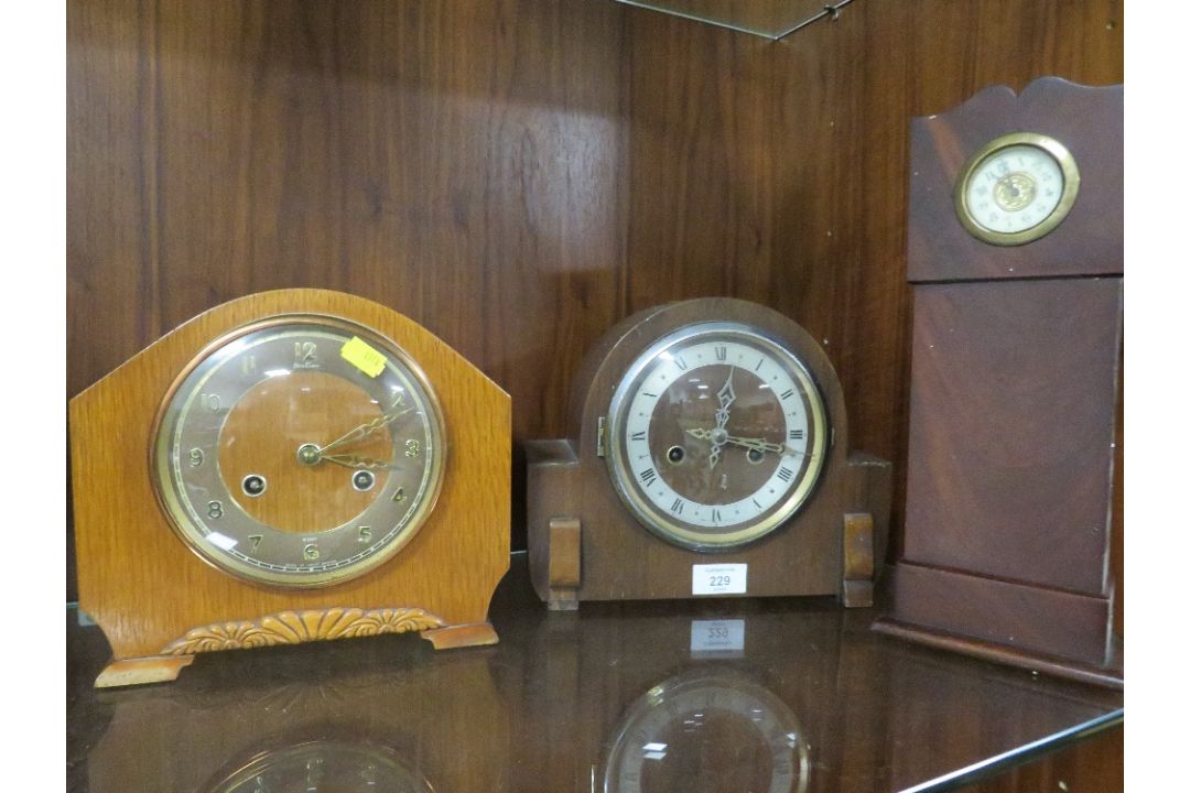 THREE VINTAGE MANTLE CLOCKS ONE IN FORM OF A LONG CASED CLOCK A/F - Image 1 of 5