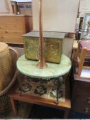 A RETRO TILE TOP TABLE, ONYX EFFECT TABLE , HORN AND LOG BOX, WICKER CHAIR AND STOOL
