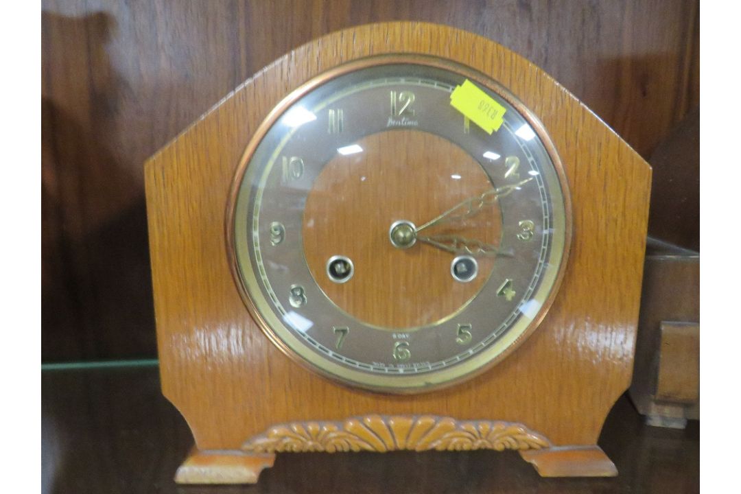 THREE VINTAGE MANTLE CLOCKS ONE IN FORM OF A LONG CASED CLOCK A/F - Image 2 of 5