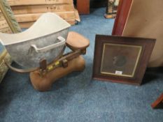 A SET OF VINTAGE KITCHEN SCALES AND WEIGHTS AND A SMALL OAK FRAME