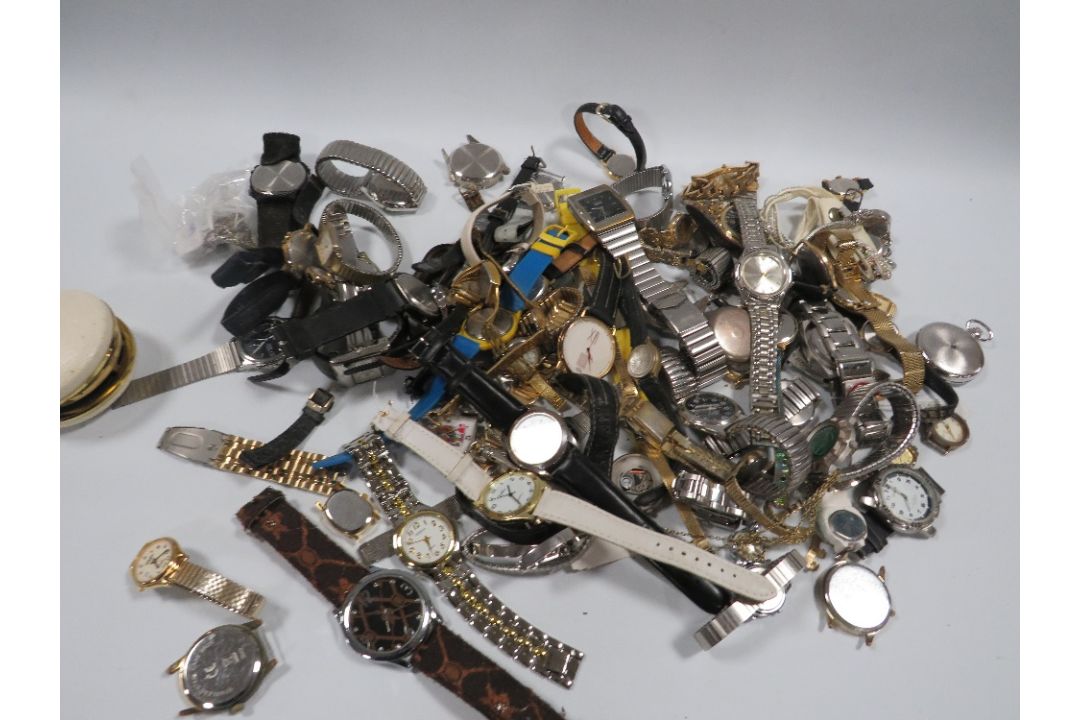 A BOX OF ASSORTED WRIST WATCHES - Image 1 of 2