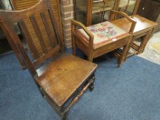 AN EDWARDIAN MAHOGANY PIANO STOOL, NEST OF OAK TABLES AND OAK CHAIR