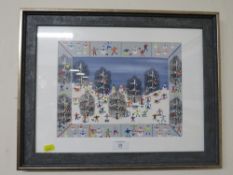 GORDON BARKER A FRAMED AND GLAZED MIXED MEDIA - 'SNOW SPORTS' - LOCATED IN FOYER