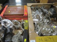 TWO TRAYS OF SILVER PLATED TABLEWARE , CUTLERY AND NOVELTY ITEMS