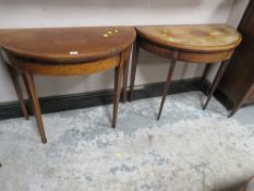 A PAIR OF ANTIQUE MAHOGANY FOLD-OVER CARD TABLES A/F