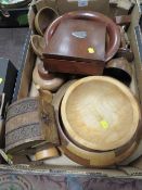 A TRAY OF ASSORTED TREEN TO INCLUDE A WRITING BOX AND CONTENTS ETC