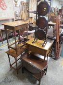 AN OAK BARLEYTWIST TROLLEY, TROLLEY, SEWING BOX, TABLE AND DUMB WAITER (5)