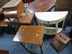 AN ANTIQUE MAHOGANY FOLD-OVER CARD TABLE, DEMI-LUNE TABLE, BARLEYTWIST TABLE, COAL BOX AND COMMODE