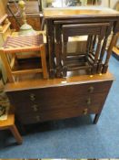 A VINTAGE OAK THREE DRAWER CHEST NEST OF TABLES AND A STOOL