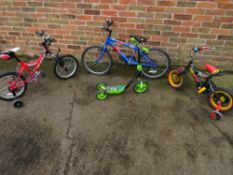 THREE CHILDRENS BIKES TO INCLUDE A RALEIGH 20 KOBO AND A BEN 10 SCOOTER