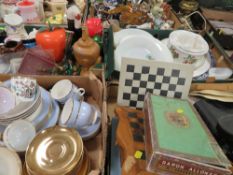 FOUR TRAYS OF CERAMICS ETC TO INCLUDE CHESS BOARDS AND PIECES