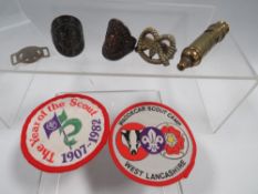 A SMALL COLLECTION OF SCOUT MEMORABILIA TO INCLUDE AN ANTIQUE BOYS SCOUT WHISTLE, TWO RINGS
