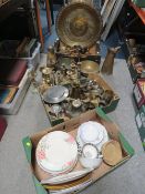 TWO TRAYS OF ASSORTED METAL WARE TO INCLUDE CANDLESTICKS TOGETHER WITH A TRAY OF CERAMICS (3)