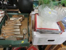 TWO TRAY OF GLASS AND METALWARE TO INCLUDE CHAMPAGNE FLUTES, PUNCH BOWLS ETC