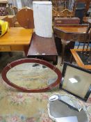 AN ANTIQUE MAHOGANY PEMBROKE TYPE TABLE, TWO MIRRORS, A PORTRAIT & A LLOYD LOOM LINEN BOX (5)