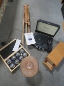 A TRAY OF SUNDRIES TO INCLUDE PORTABLE RECORD PLAYER ETC