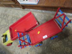A VINTAGE WOODEN PUSH ALONG TOY LORRY TOGETHER WITH A WOODEN TRAILER