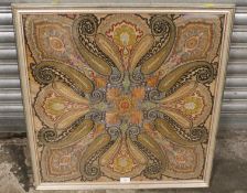 A LARGE FRAMED AND GLAZED HEAVILY EMBROIDERED PANEL