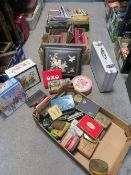 THREE TRAYS OF SUNDRIES TO INCLUDE VINTAGE PHOTO ALBUMS (EMPTY) COLLECTABLE TINS, MAPS ETC