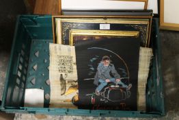 A TRAY OF ASSORTED PICTURES AND PRINTS TO INC A CLOWN