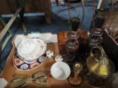 A TRAY OF SUNDRIES TO INCLUDE A FRUIT WOOD TWO SECTION TEA CADDY
