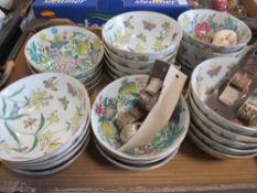 A TRAY OF ASSORTED STYLE BOWLS TOGETHER WITH CLOISONNE WHISTLES