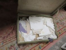 A GREEN CABIN TRUNK CONTAINING A LARGE QUANTITY OF NEEDLE WORK AND LINEN