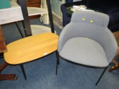 A MODERN OAK/METAL OCCASIONAL TABLE AND ARMCHAIR