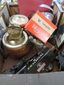 A TRAY OF SUNDRIES TO INCLUDE TREEN, CRACKER BARRELS, NOVELTY FIGURES ETC