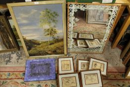 AN OIL ON CANVAS DEPICTING A COASTAL VIEW, WITH A BAMBOO FRAMED MIRROR AND A BOX OF ASSORTED