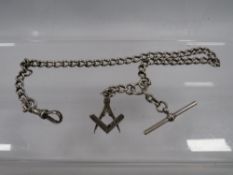 AN HALLMARKED SILVER GENTS POCKET WATCH ALBERT CHAIN WITH MASONIC FOB