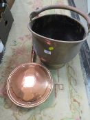 A BRASS COAL SCUTTLE TOGETHER WITH A COOPER WARMING PAN, GILT FLORAL MIRROR AND A MODERN FRAMED DRA