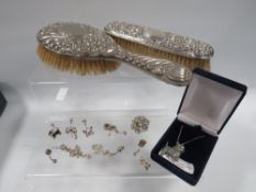 BOX OF HALLMARKED SILVER ITEMS, BRUSHES, PENDANTS ETC