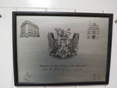 A VINTAGE SIGN PRESENTED TO KEN KING ON HIS RETIREMENT FROM THE BBC 16/5/55 - 31/10/84