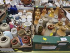 TWO TRAYS OF ANTIQUE AND LATER ADVERTISING STONE WARE ETC TO INCLUDE STONE WARE BEER BOTTLES, TWO