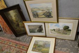 A COLLECTION OF FIVE ASSORTED PICTURES TO INCLUDE A STORMY COASTAL WATERCOLOUR (5)