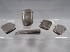 A COLLECTION OF HALLMARKED SILVER VESTA CASES TOGETHER WITH A CHEROOT HOLDER