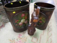 TWO HAND-PAINTED FLORAL WASTE PAPER BINS TOGETHER WITH A CARVED AFRICAN STYLE STATUE