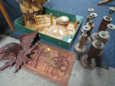 A TRAY OF TREEN TO INCLUDE CARVED BLACK FOREST STYLE EAGLE, MODEL SAIL SHIP ETC