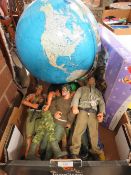 A TRAY OF TOYS ETC TO INCLUDE ACTION MAN FIGURES, DISNEY CHRISTMAS LIGHTS AND GLOBE