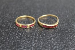 TWO 14K RUBY RINGS, one set with two diamonds - size L, the other on a twist band - size O, approx