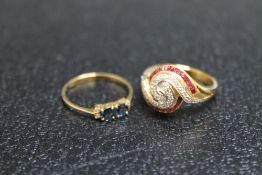 TWO 14K YELLOW METAL RINGS CONSISTING OF A RUBY AND DIAMOND 'SWIRL' PATTERN RING, approx weight 4.