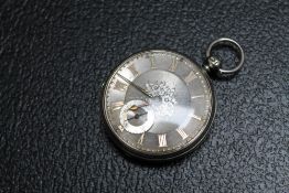 A HALLMARKED SILVER OPEN FACED MANUAL WIND POCKET WATCH, with decorative silver dial, Dia 3.75 cm