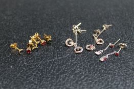 THREE PAIRS OF YELLOW METAL STUD EARRINGS, set with semi precious stones, approx weight 3.1g,