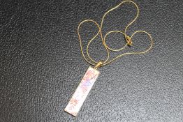 A HALLMARKED 9 CARAT GOLD ENAMELLED RECTANGULAR PENDANT ON CHAIN, approx weight 9.7g, pendant H 6