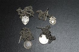 A COLLECTION OF FOUR HALLMARKED SILVER POCKET WATCH CHAINS AND FOBS, approx combined weight 172g